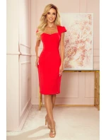 Červené dámské šaty v délce midi s pěkným výstřihem 318-1