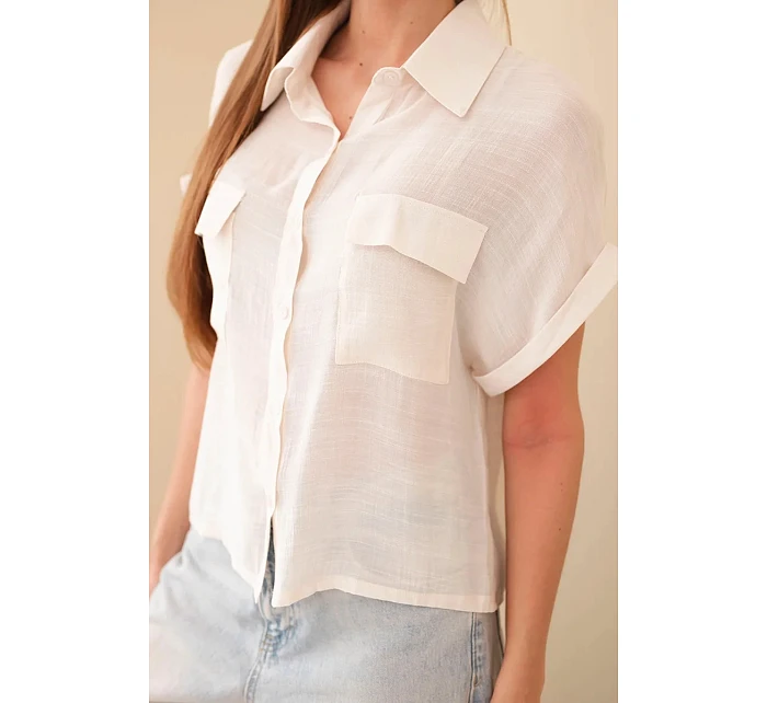 Dámská košile z viskózy s krátkým rukávem a kapsami béžová