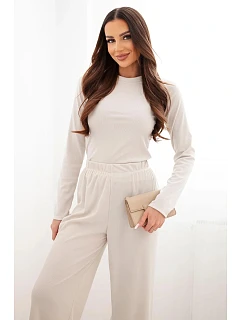 Dámský viskózový komplet s halenkou a širokými kalhotami světle béžový