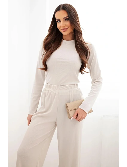 Dámský viskózový komplet s halenkou a širokými kalhotami světle béžový