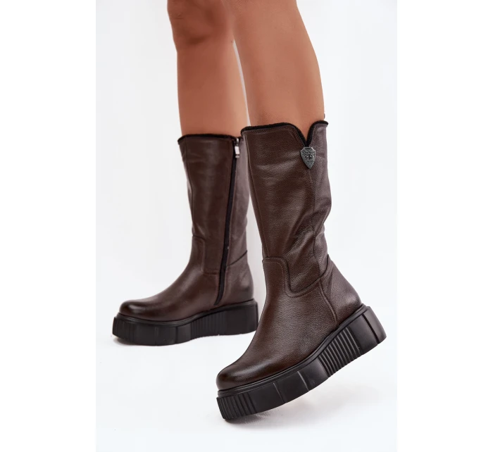Dámské kožené kozačky s vlnou Zazoo 70121 čokoládové