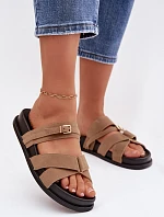 Dámské pantofle s pásky a zlatým přezkou tmavě béžové Selorina