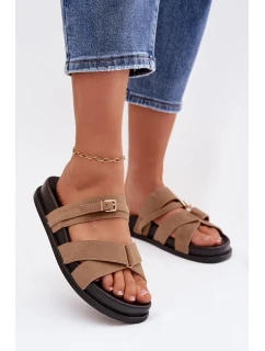 Dámské pantofle s pásky a zlatým přezkou tmavě béžové model 21954632 - Boto