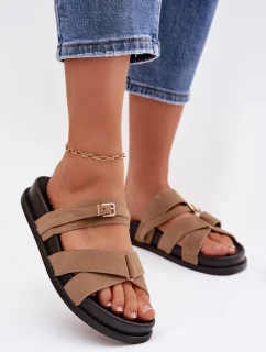 Dámské pantofle s pásky a zlatým přezkou tmavě béžové model 21954632 - Boto