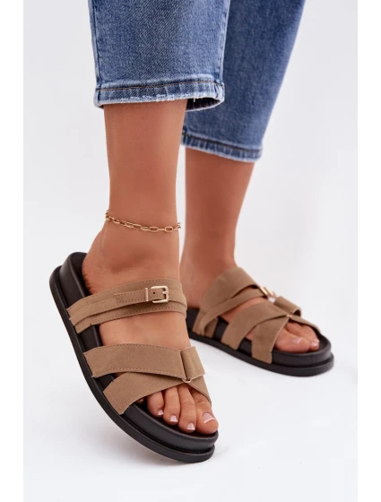 Dámské pantofle s pásky a zlatým přezkou tmavě béžové model 21954632 - Boto