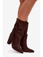 Dámské kotníkové boty na podpatku s třásněmi a žebrováním Zateplené Čokoládové model 21757539 - Boto