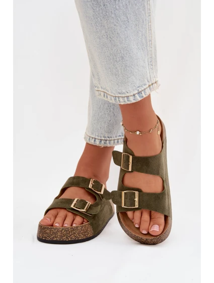 Dámské pantofle na korkové platformě se zlatými sponami Zelená Tovessa Dámské pantofle na korkové platformě se zlatými sponami Zelená Tovessa