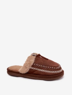 Dámské domácí pantofle s kožíškem a výšivkou – hnědé Perivelle