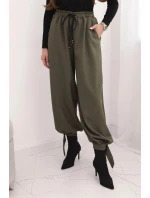 Dámské kalhoty s širokým nohavicí a vázáním dole khaki Dámské kalhoty s širokým nohavicí a vázáním dole khaki