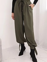Dámské kalhoty s širokým nohavicí a vázáním dole khaki