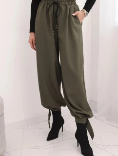Dámské kalhoty s širokým nohavicí a vázáním dole khaki