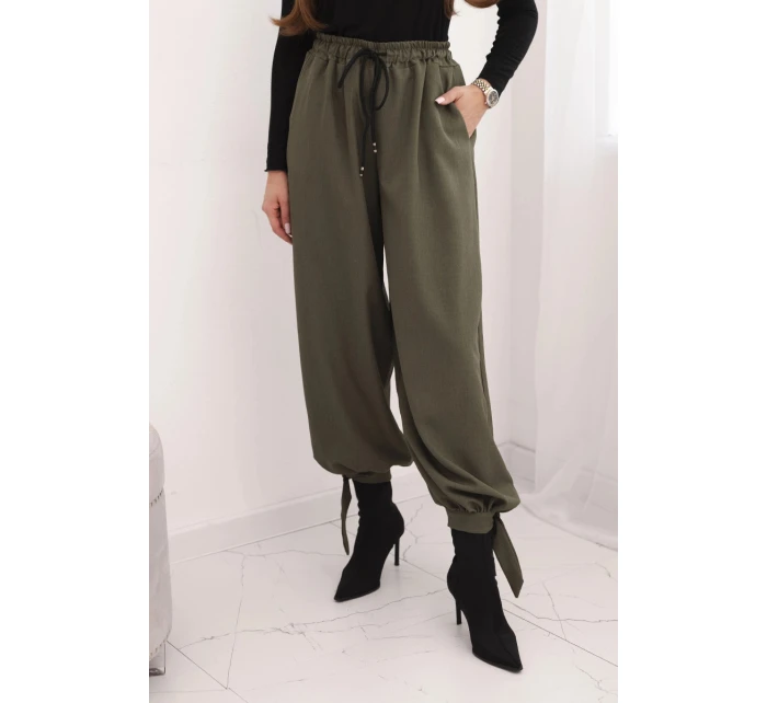 Dámské kalhoty s širokým nohavicí a vázáním dole khaki Dámské kalhoty s širokým nohavicí a vázáním dole khaki