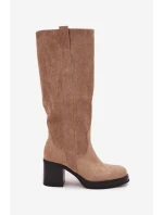 Zateplené dámské kozačky na masivním sloupkovém podpatku Sanelle – béžové