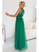 672-3 Romantické svatební maxi šaty s vyšívanou krajkou a tylem - zelené