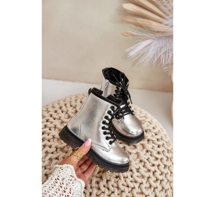 Zateplené Dívčí Lakované Kotníkové Boty Na Zip Stříbrné Novita