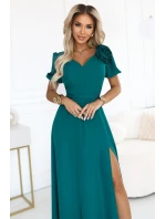 Elegantní dlouhé šaty s páskem a vysokým rozparkem lahvově zelené model 21779075 - numoco Elegantní dlouhé šaty s páskem a vysokým rozparkem lahvově zelené model 21779075 - numoco