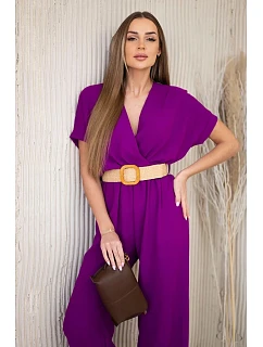 Kombinéza s ozdobným páskem v pase tmavě fialová