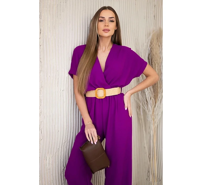 Kombinéza s ozdobným páskem v pase tmavě fialová