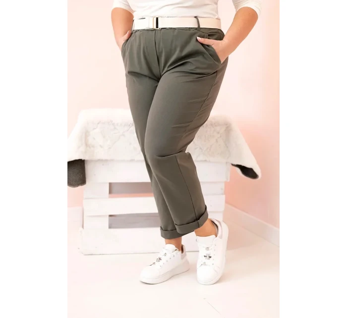 Dámské bavlněné kalhoty Plus Size s páskem khaki