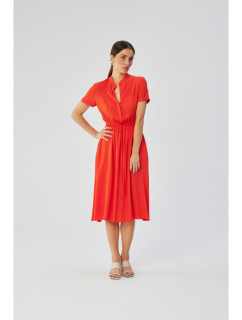 S366 Viskózové šaty se šňůrkou v pase - korálová barva