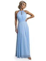 Elegantní maxi večerní šaty na ramínka s a zavazováním v pase modré model 22004204 - numoco basic