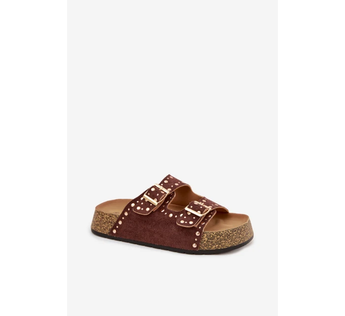 Dámské pantofle s zlatými sponami a knoflíky hnědé Tervina