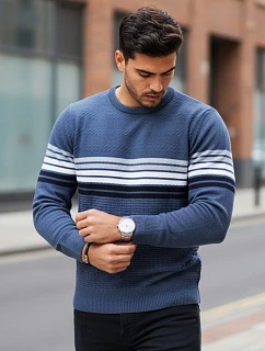 Pánský pruhovaný modrý svetr FashionStreet WX2325