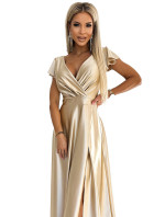 CRYSTAL - Dlouhé zlaté saténové dámské šaty s výstřihem 411-7