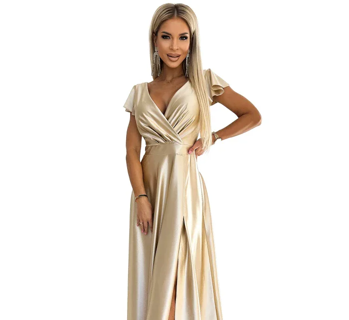 411-7 CRYSTAL saténové dlouhé šaty s výstřihem - ZLATÉ 411-7 CRYSTAL saténové dlouhé šaty s výstřihem - ZLATÉ