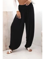 Dámské viskózové kalhoty s širokými nohavicemi a volánky černý