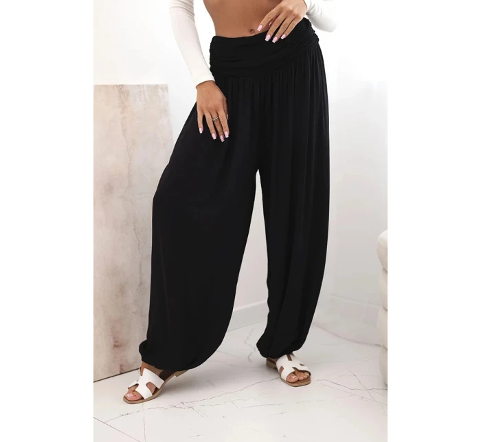 Dámské viskózové kalhoty s širokými nohavicemi a volánky černý
