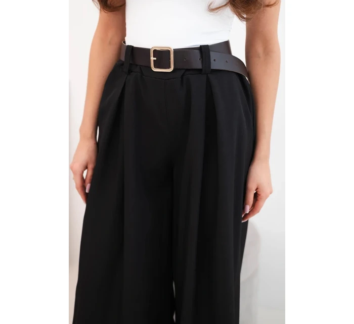 Dámské kalhoty s širokým střihem a páskem černé