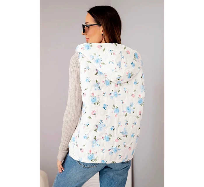 Dámská prošívaná vesta s kapucí s květinovým vzorem modrá