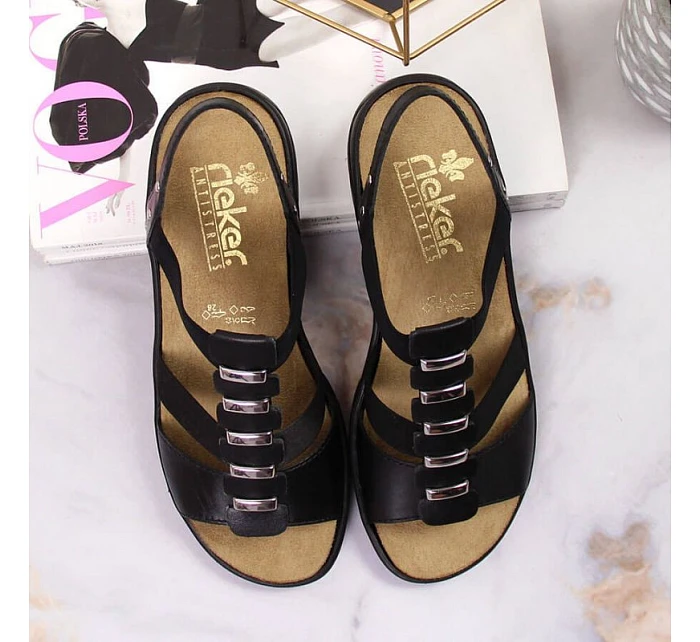 Černé kožené sandály W model 22050404 Rieker - Inny Černé kožené sandály W model 22050404 Rieker - Inny