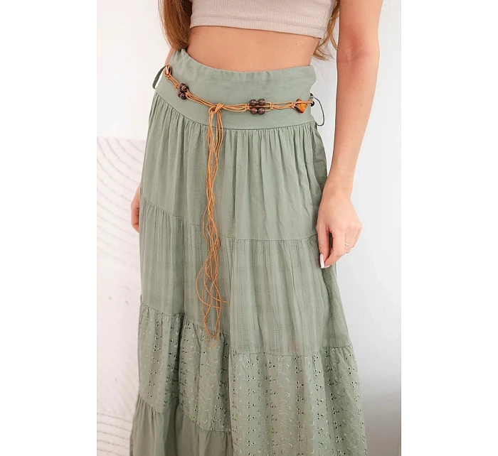 Dámská maxi bavlněná sukně s model 22048759 výšivkou a elastickým pasem khaki - K-Fashion