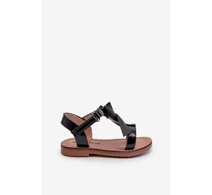 Lakované dětské sandálky s mašlí na suchý zip černé Joratia