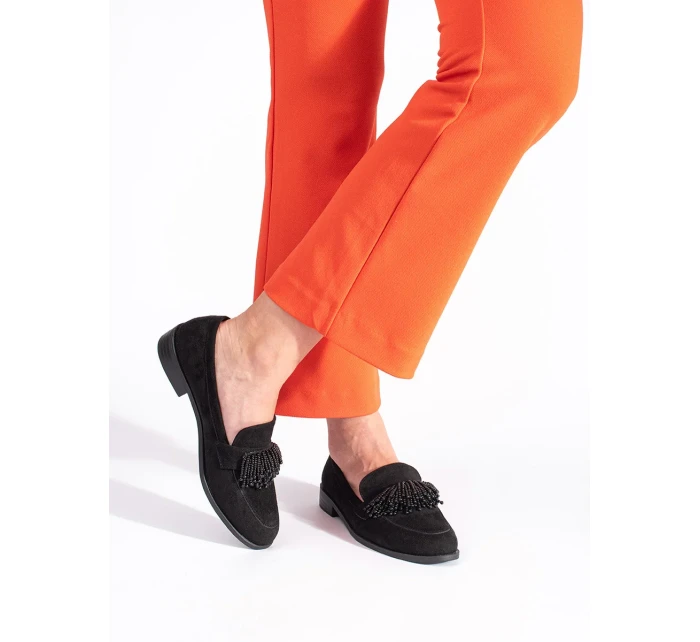 Klasické černé  mokasíny dámské na širokém podpatku