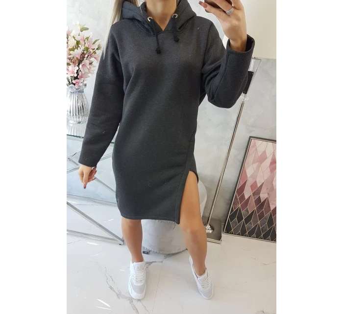 Šaty s kapucí a bočním rozparkem graphite melange Šaty s kapucí a bočním rozparkem graphite melange