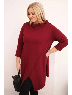 Dámská asymetrická bavlněná blůza Plus Size s ohrnovacími rukávy bordová