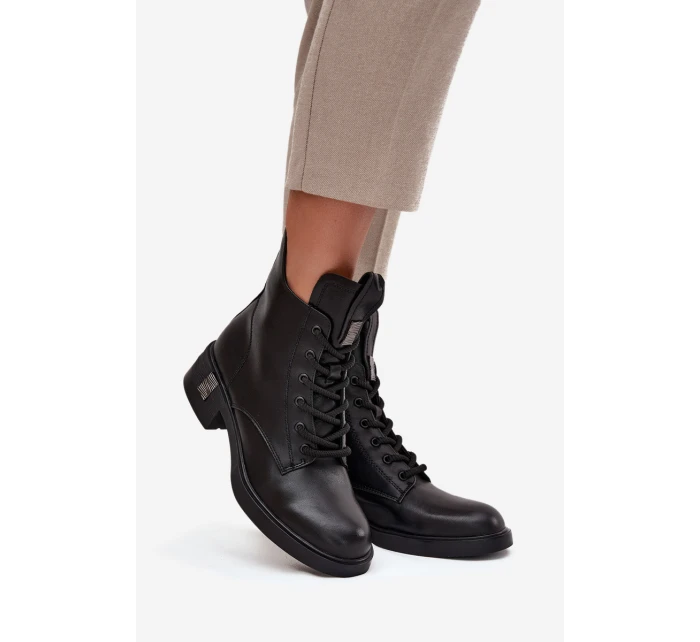 Kožené dámské kozačky na nízkém podpatku model 21713393 Černé - VINCEZA