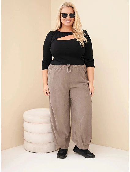 Dámské kalhoty bavlněné Plus Size manšestrové s gumou v pase a kapsami fango zelená Dámské kalhoty bavlněné Plus Size manšestrové s gumou v pase a kapsami fango zelená