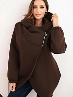 Dámská mikina s kapucí a asymetrickým zipem hnědá