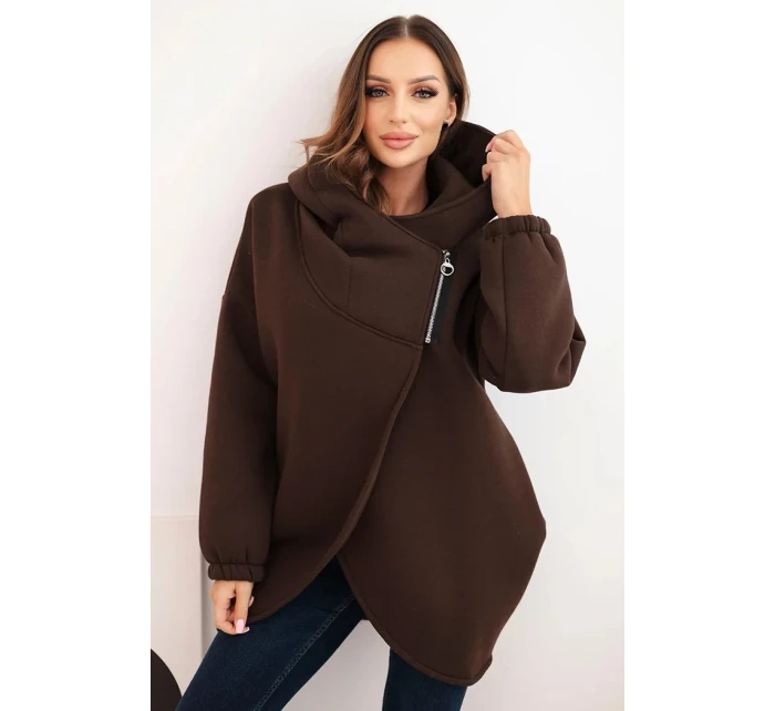 Dámská mikina s kapucí a asymetrickým zipem hnědá