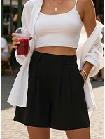 Dámské letní látkové šortky s koženkou a lnem černé FashionStreet SY0548