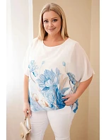 Dámská halenka Plus Size s květinovým potiskem a volným rukávem modrá
