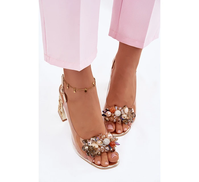 Průhledné sandály na podpatku s krystaly model 22102714 zlaté - VINCEZA Průhledné sandály na podpatku s krystaly model 22102714 zlaté - VINCEZA