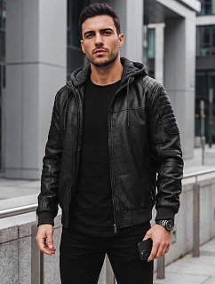 Pánská kožená zateplená bunda s kapucí, černá, FashionStreet TX5141