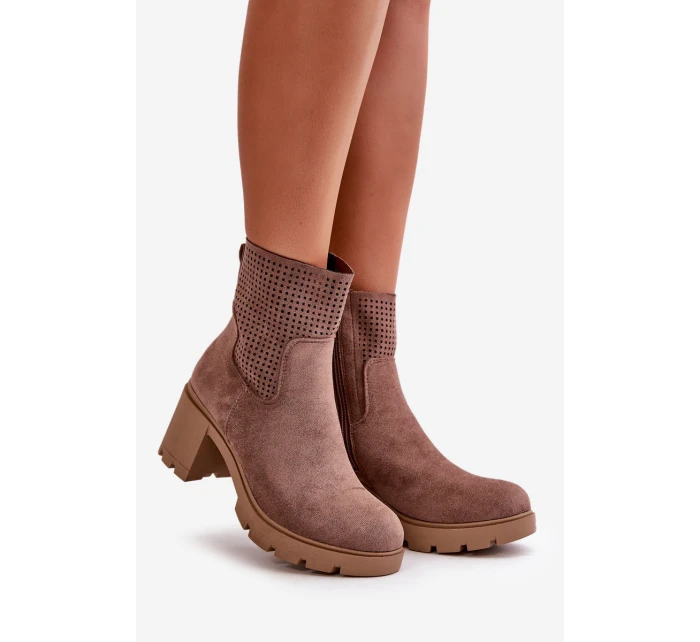 Dámské botky na podpatku na zip eko semišové hnědé model 21668049 - Boto
