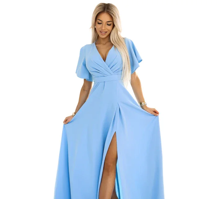 dlouhé šaty s rozparkem na rukávy a výstřihem model 20959370 - numoco dlouhé šaty s rozparkem na rukávy a výstřihem model 20959370 - numoco