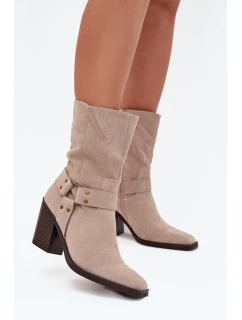 Dámské boty zateplené na podpatku s pásky a ozdobným detailem béžové Neria
